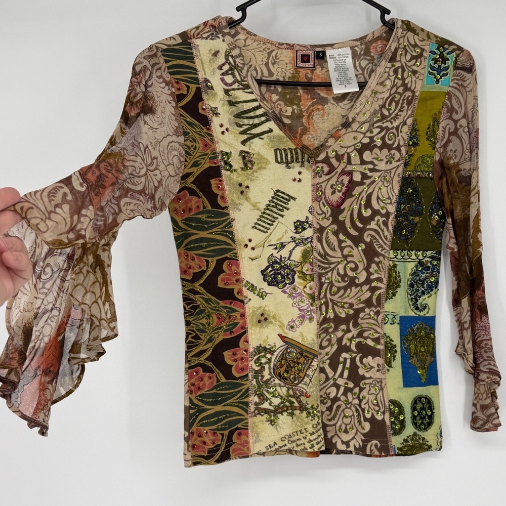 Forbidden Patchwork Sequin V-Neck Top Small Brown Green Bell Sleeve Y2K Boho